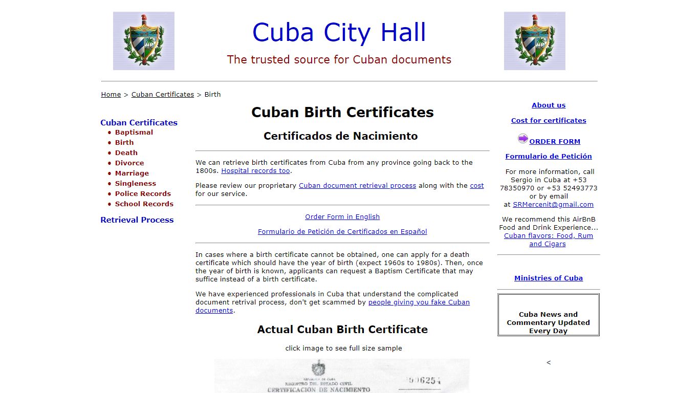 Cuban Birth Certificate - Cuba "city hall